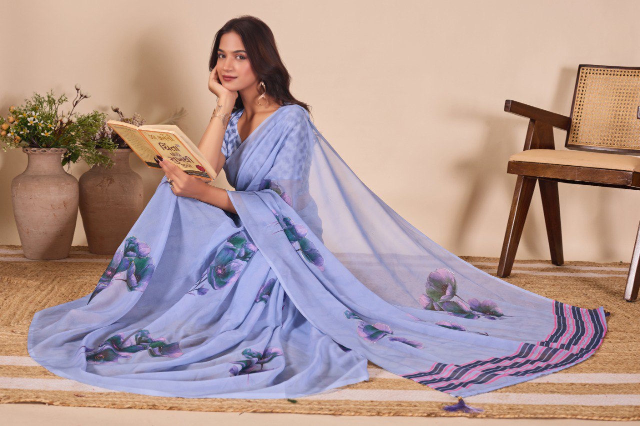 Heavy Gorggate Flower print Fabrics with Fancy Foil Print saree