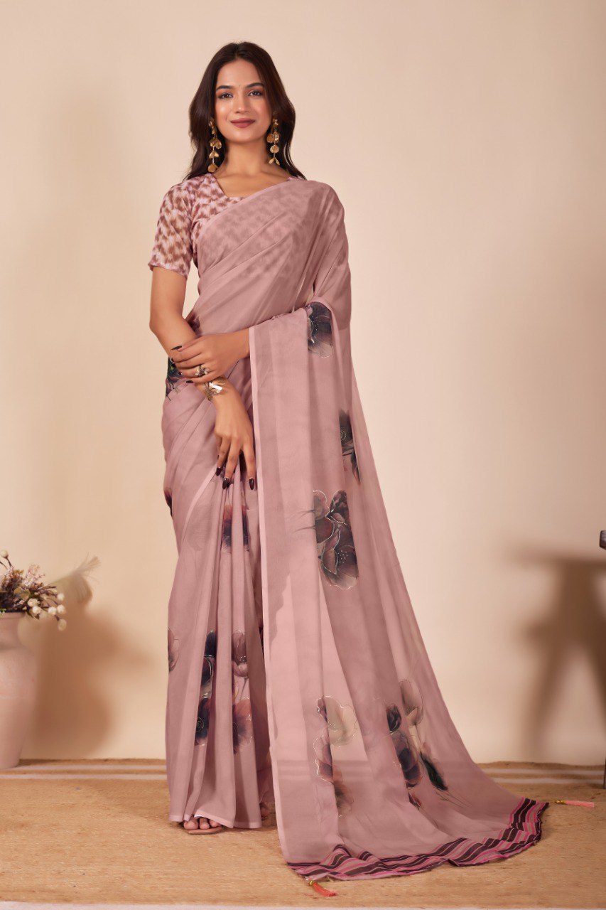 Heavy Gorggate Flower print Fabrics with Fancy Foil Print saree