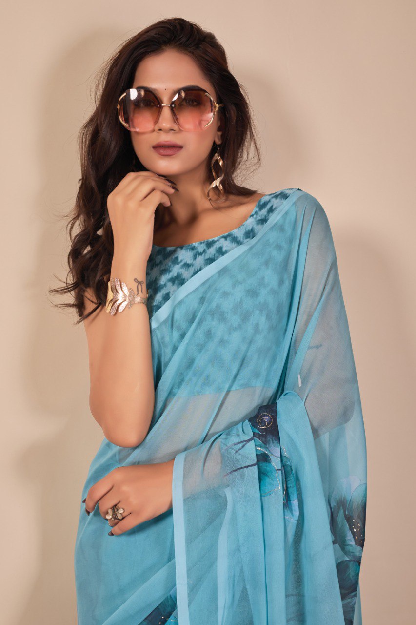 Heavy Gorggate Flower print Fabrics with Fancy Foil Print saree