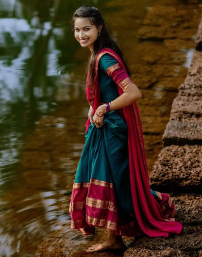 Cerulean Blue & Dark Pink Silk With Zari Weaving Lehenga Choli