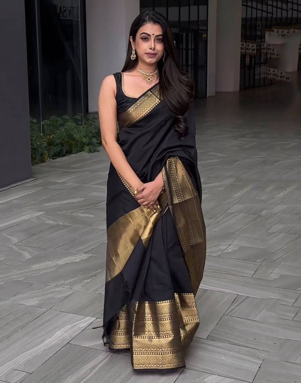 Black Soft Lichi Silk Saree With Golden Zari Weaving Border