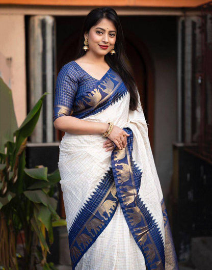 Latest White And Blue Lichi Silk Saree With Blouse