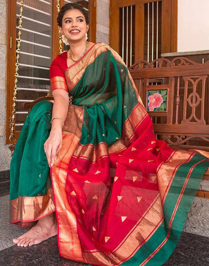 Dark Green & Red Soft Lichi Silk Saree With Zari Weaving Work