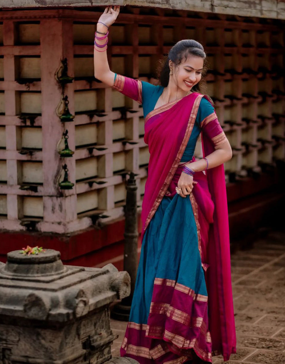 Cerulean Blue & Dark Pink Silk With Zari Weaving Lehenga Choli