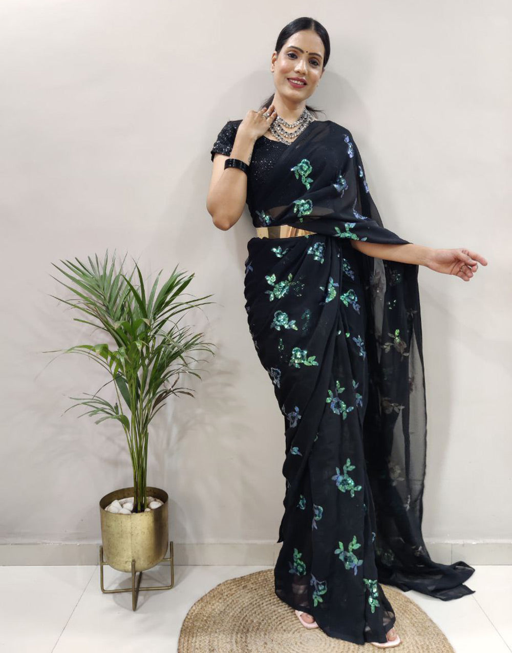 Black Georgette Sequence Ready To Wear Saree With Belt