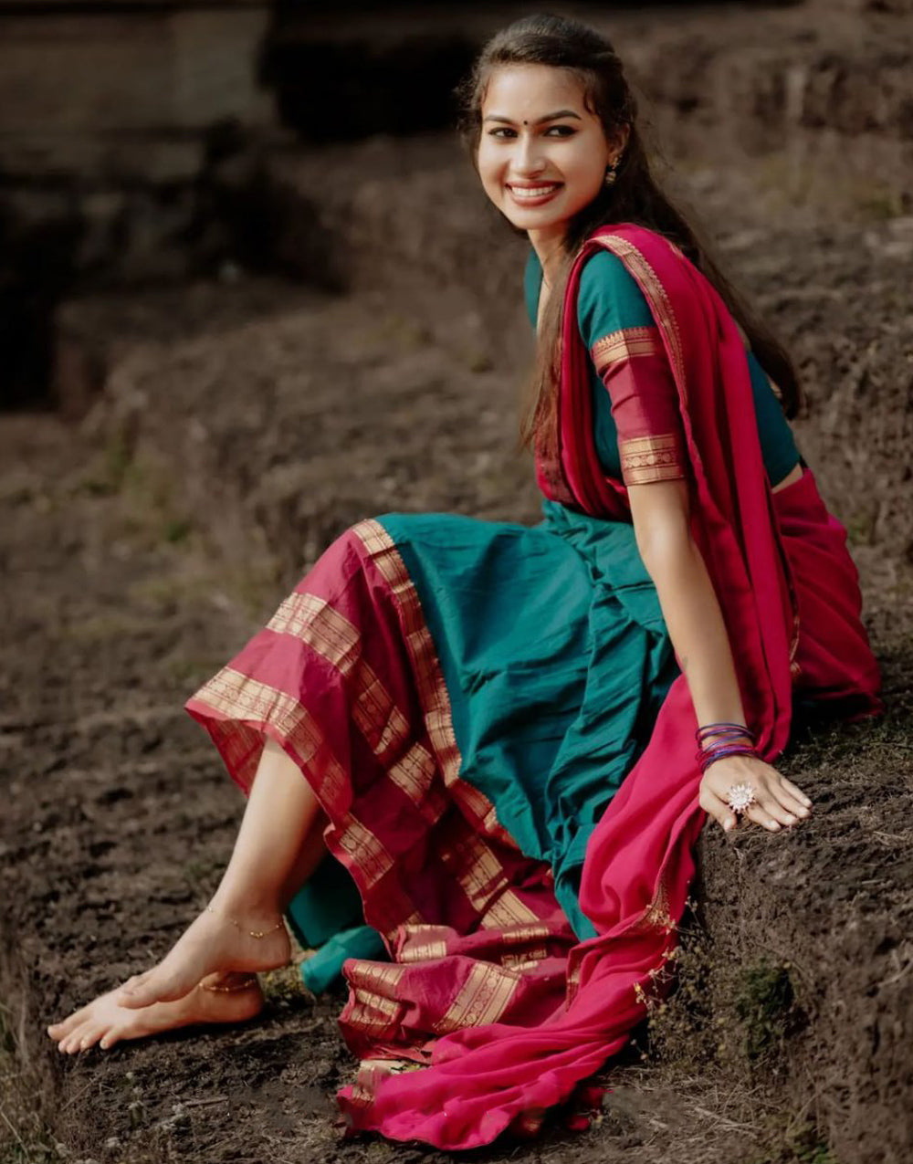 Cerulean Blue & Dark Pink Silk With Zari Weaving Lehenga Choli