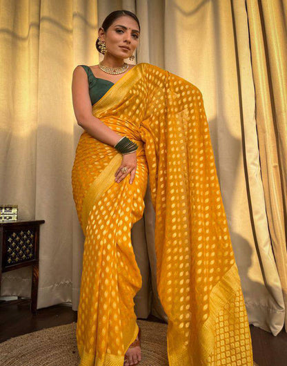 Yellow Soft Lichi Silk Golden Zari Weaving Saree