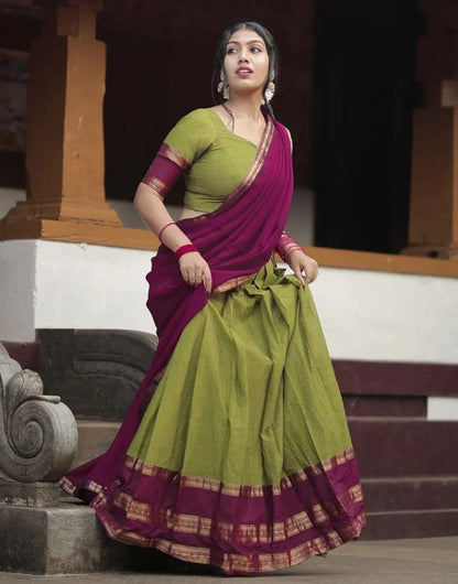 Pickle Green & Dark Magenta Silk With Zari Weaving Lehenga Choli