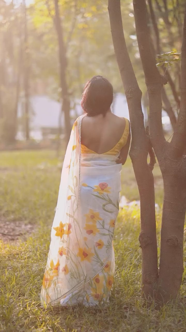 White Colour Orgenza Silk Ready To Wear Saree With Stitched Blouse