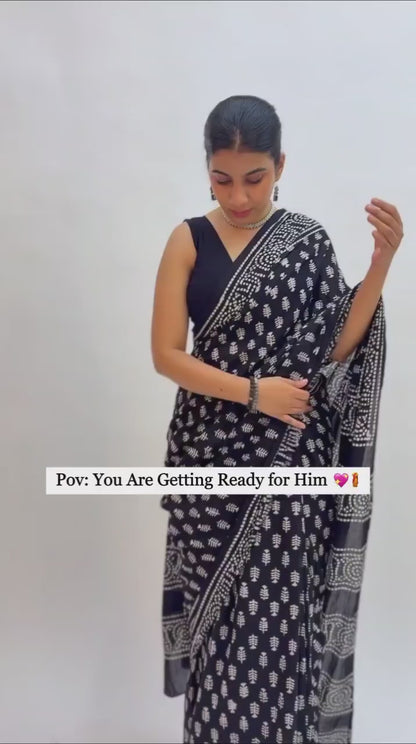Black Colour Mul Cotton Ready To Wear Saree With Pocket