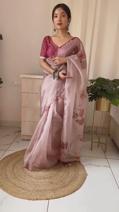 BabyPink Colour Orgenza Silk Ready To Wear Saree With Stitched Blouse