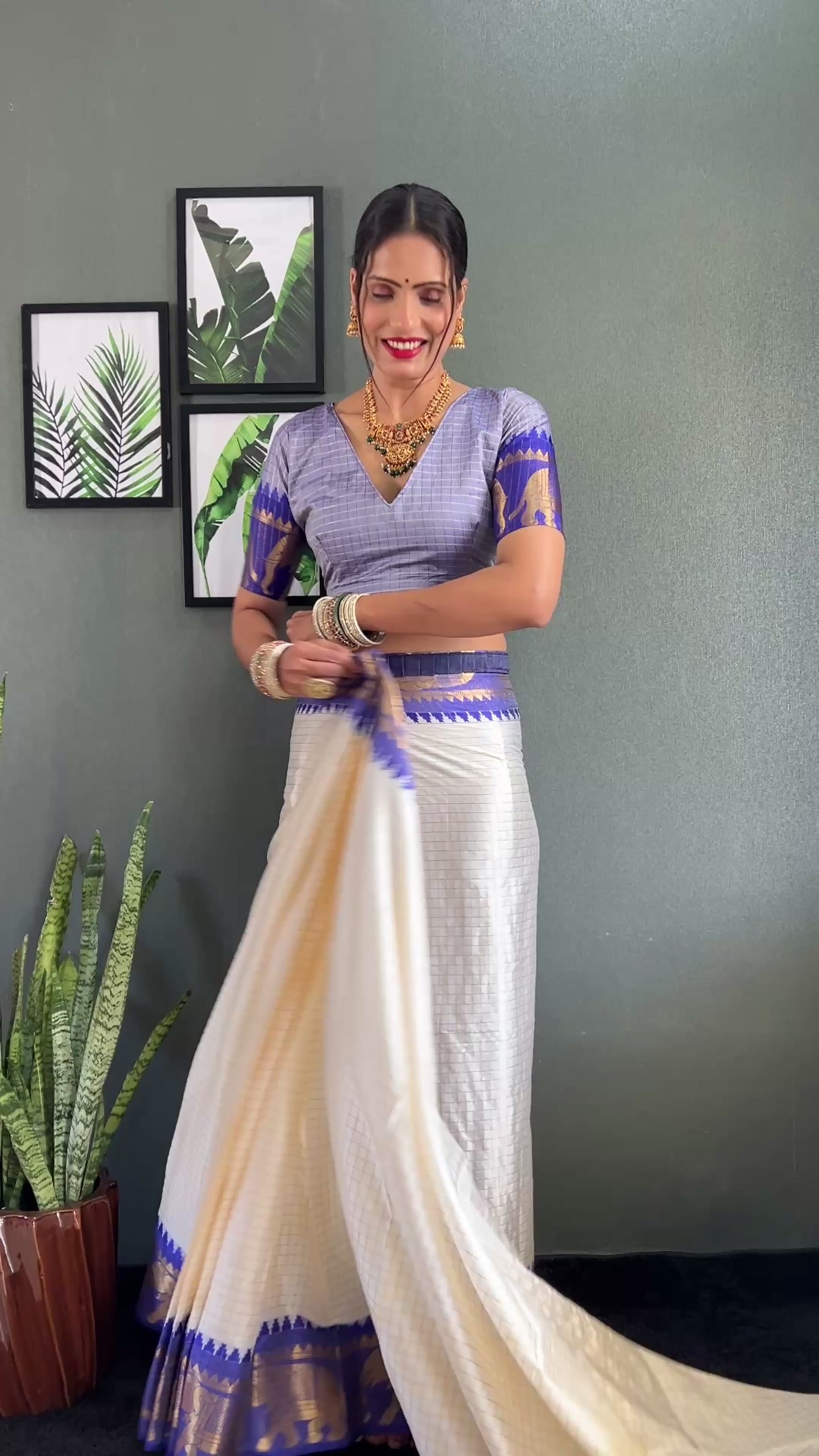Load video: Ethnic Motifs Woven Design Zari Cheks Kanjeevaram Silk Saree Just Wear 1.Min