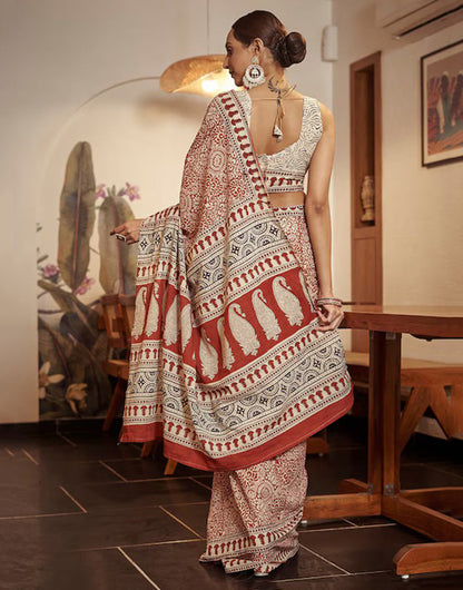 Cream & Brown Pure Mulmul Cotton Saree With Ajrakh Block Printed Work