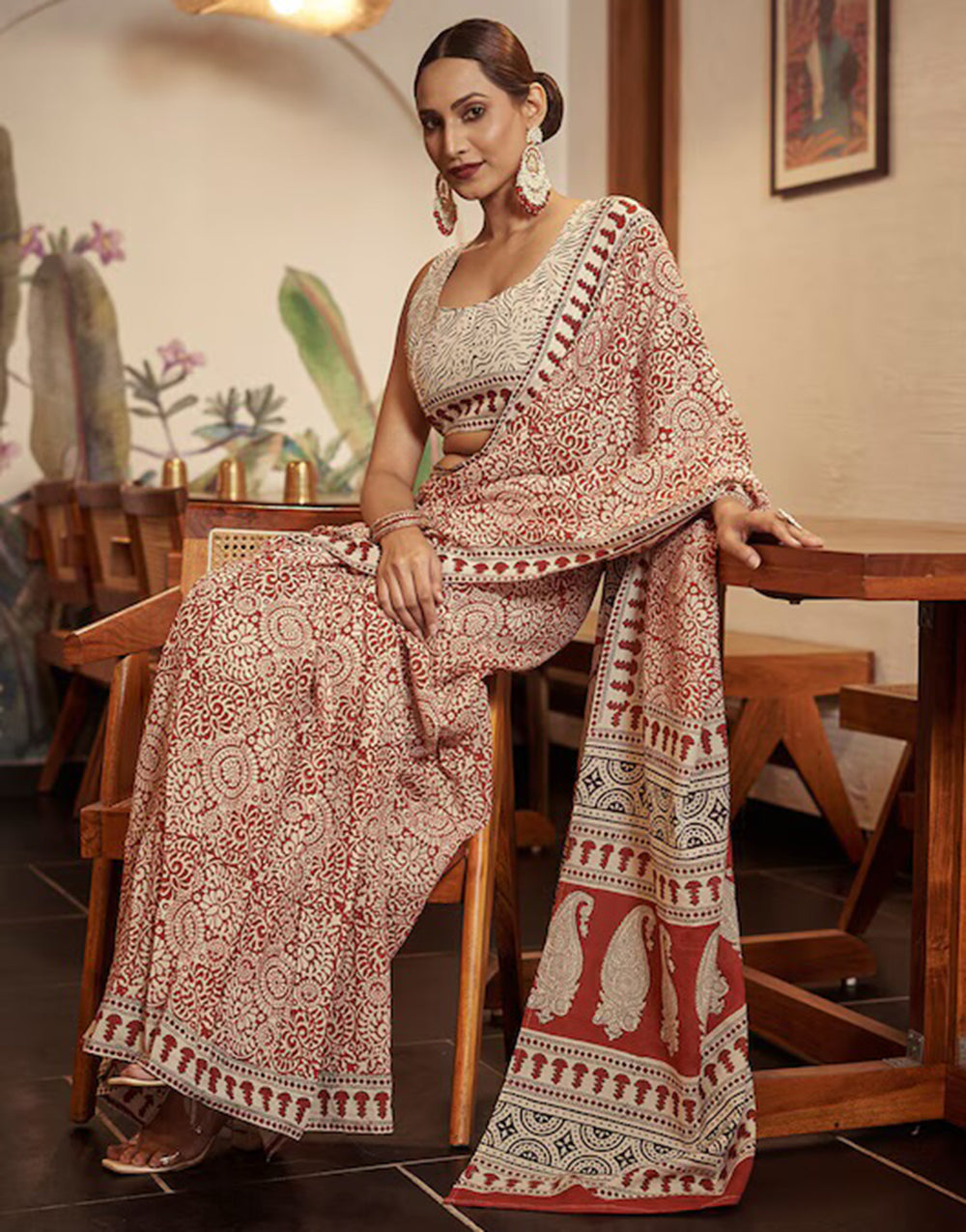 Cream & Brown Pure Mulmul Cotton Saree With Ajrakh Block Printed Work