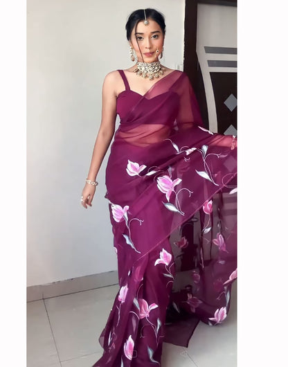 Wine Organza Ready To Wear Printed Saree