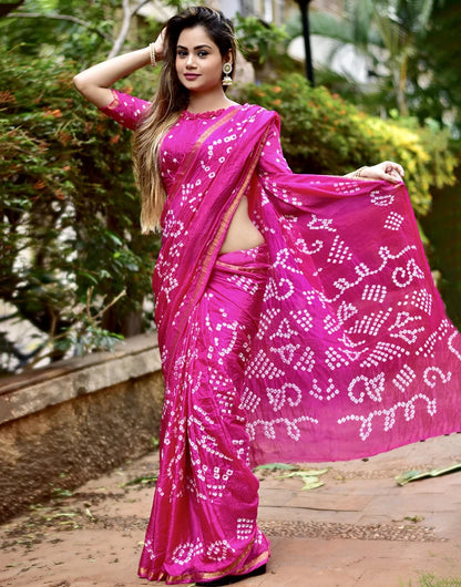 Pink Hand Bandhej Bandhani Saree With Printed Work