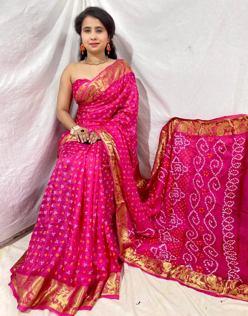 Pink Colour Bandhej Bandhani Printed & Weaving Work