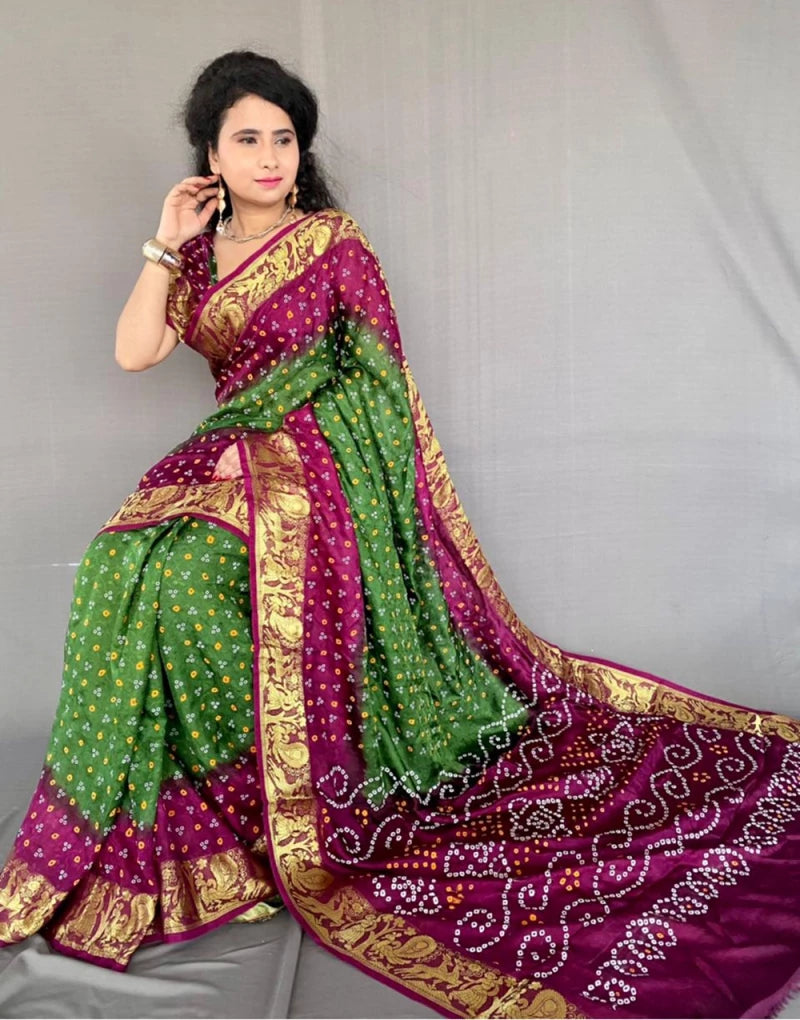 Green And Rani Bandhej Bandhani Printed & Weaving Work