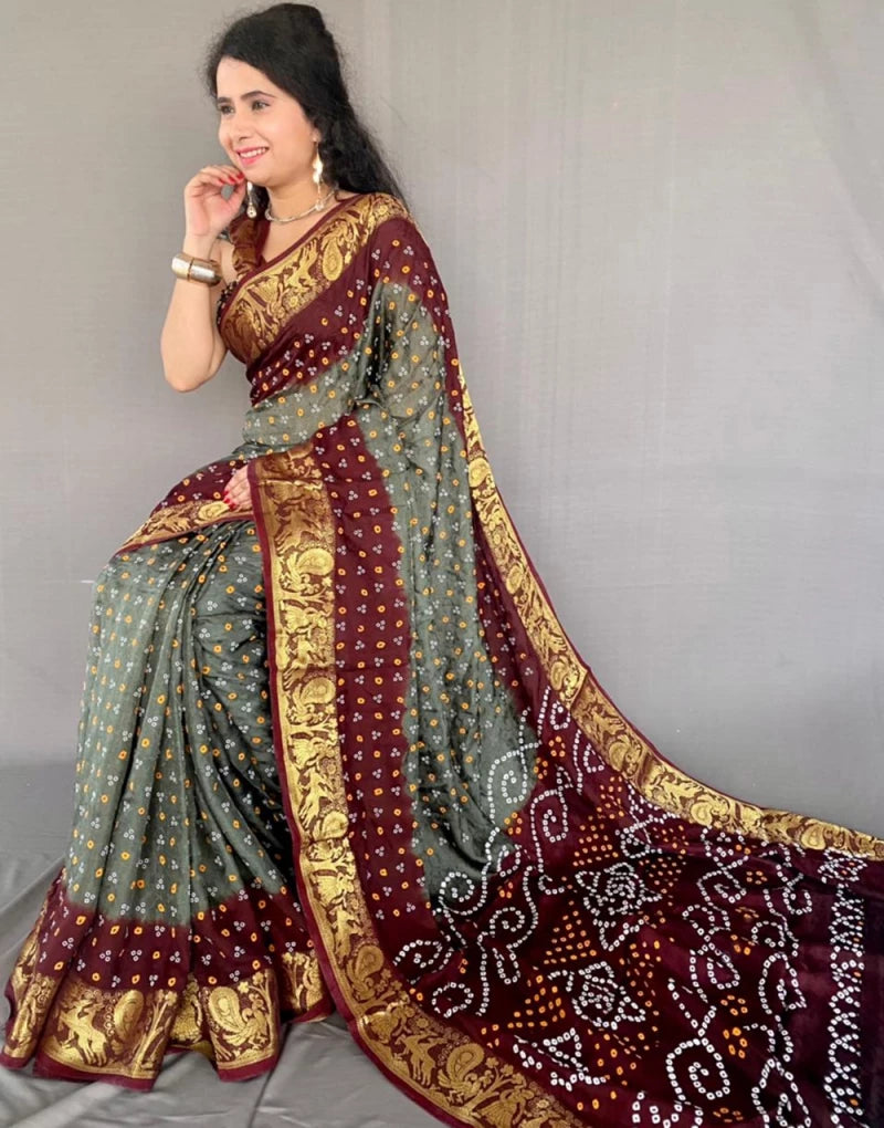 Grey And Maroon Colour Hand Bandhej Bandhani Saree – Sareewave