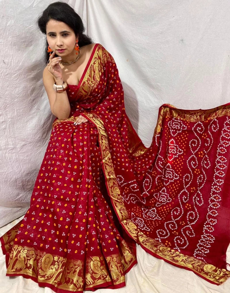 Pink And Red Hand Bandhej Printed Bandhani Saree With Tassels Pallu