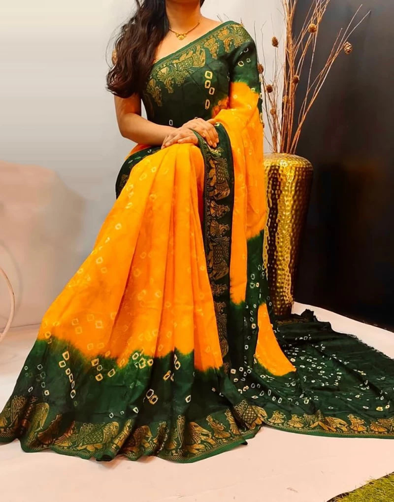 Yellow & Green Colour Soft Bandhani Saree With Hand Bandhej Print