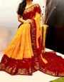 Yellow And Red Colour Soft Bandhani Saree With Hand Bandhej Print