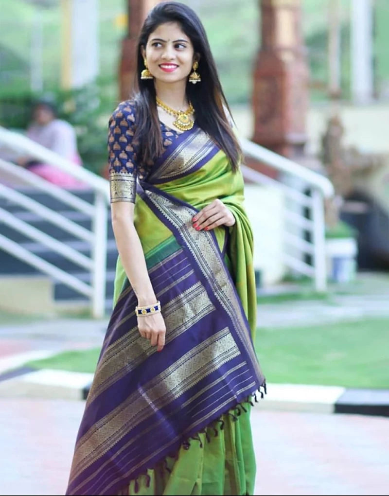 Pear Green Designer Silk Saree With Weaving Work