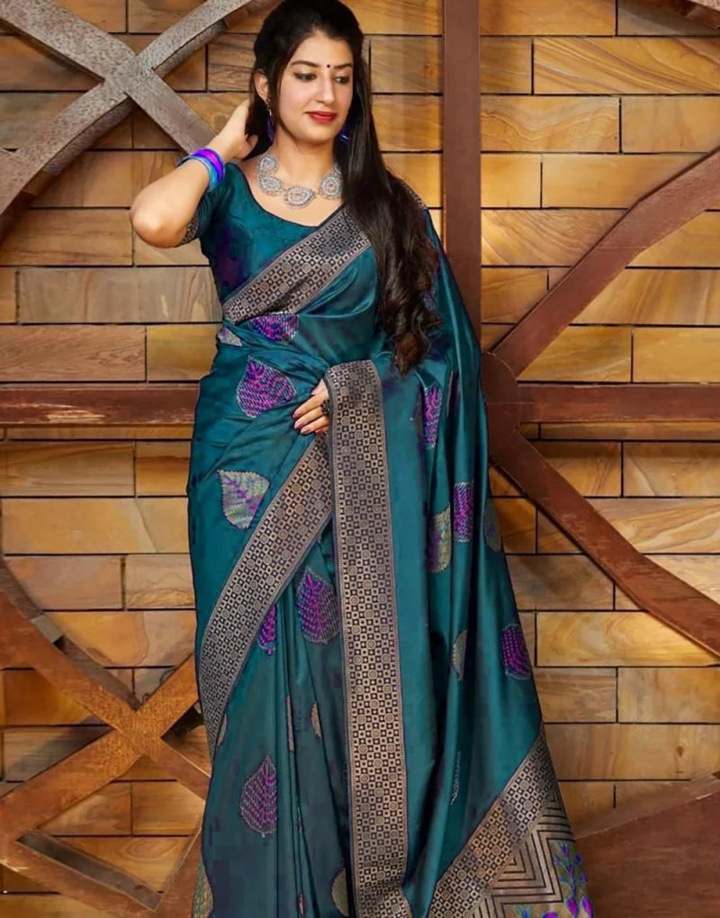 Latest Rama Blue Color Jaquard Border Soft Lichi Silk Saree – Sareewave