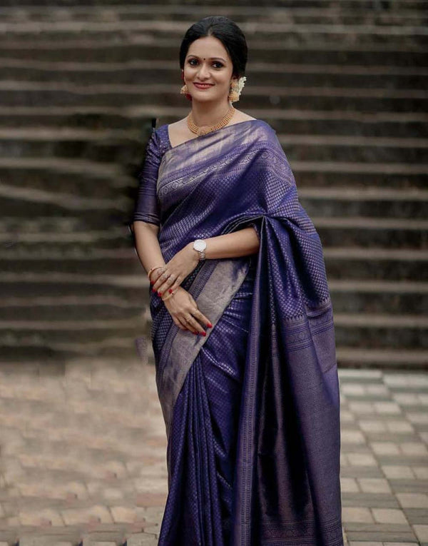 Jacquard Lichi Silk Navy Blue Saree With Unstiched Blouse Piece main image 0
