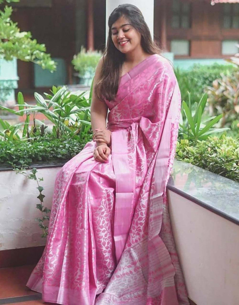 Baby Pink Designer Soft Lichi Silk Saree With Weaving Work