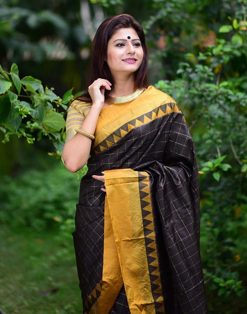 Checks Design Yellow And Black Soft Raw Silk Saree With Weaving Work