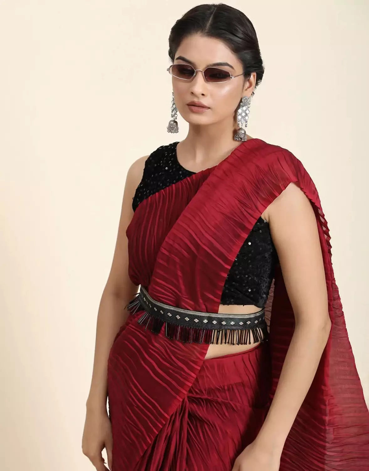 Maria b red stitched saree