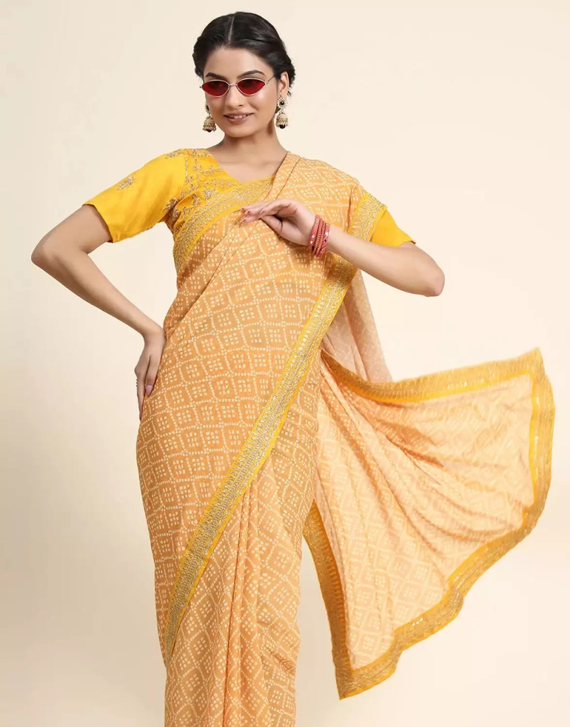 Mustard Yellow Bandhani Saree With Embroidery Work Blouse