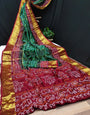 Green & Dark Red Hand Bandhej Bandhani Saree With Weaving Border