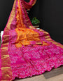 Yellow & Pink Multi Hand Bandhej Bandhani With Blouse Set