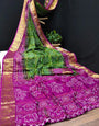 Green & Purple Multi Hand Bandhej Bandhani Saree With Weaving Work