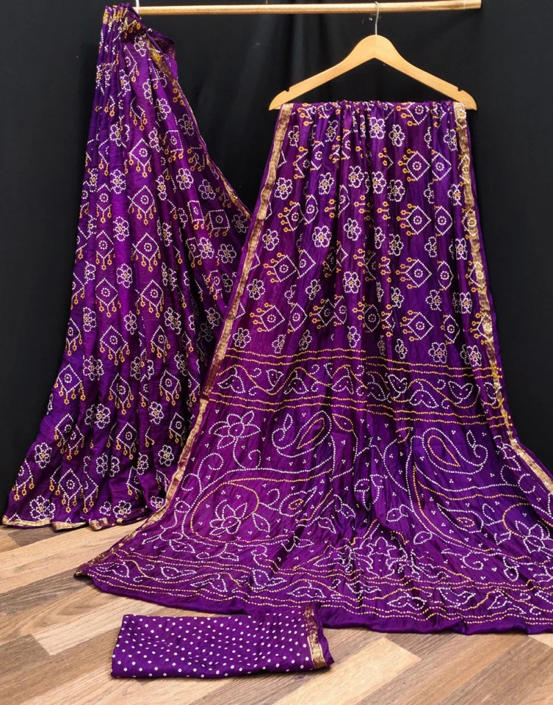 Purple Hand Bandhej Bandhani Saree With Printed Work