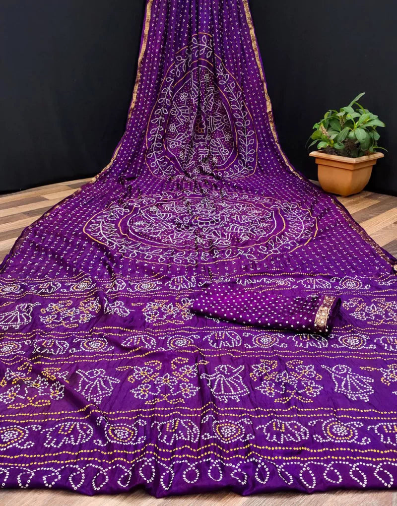 Purple Hand Bandhaj Sarees With Printed Work