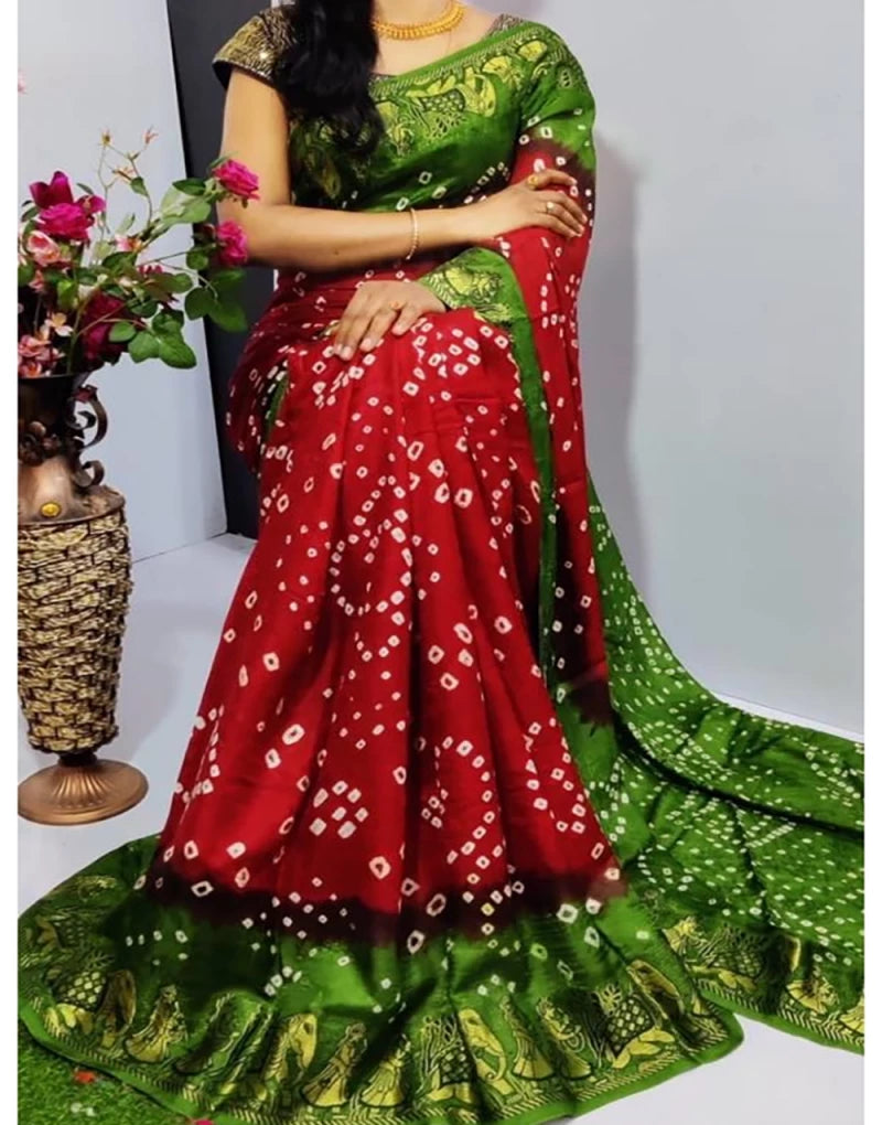 Red And Green Soft Bandhani Saree With Hand Bandhej Print