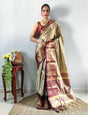 1 Min In Ready To Wear Beige Pure Aura Cotton  Saree With Jacquard Blouse Piece
