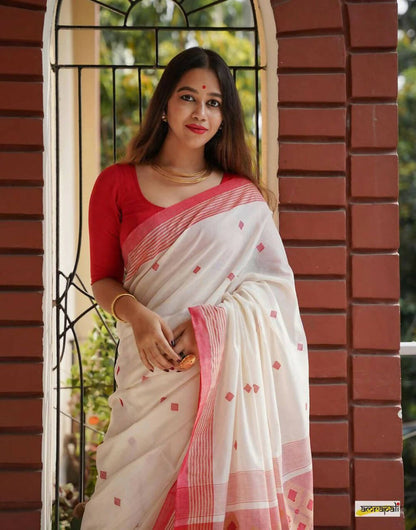 Durga Puja Special White & Red Linen Saree With Weaving Work