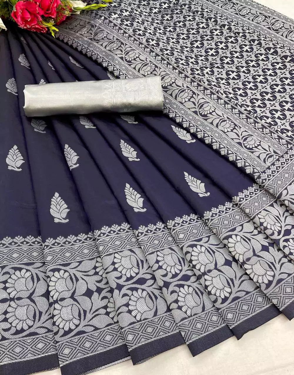 Navy Blue Soft Banarasi Silk Saree with Zari Weaving