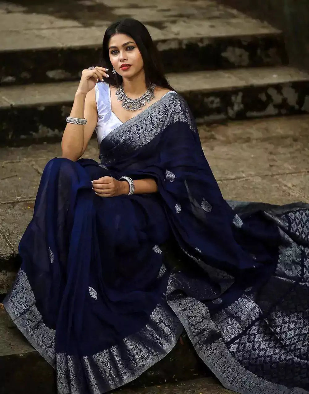 Navy Blue Soft Banarasi Silk Saree with Zari Weaving
