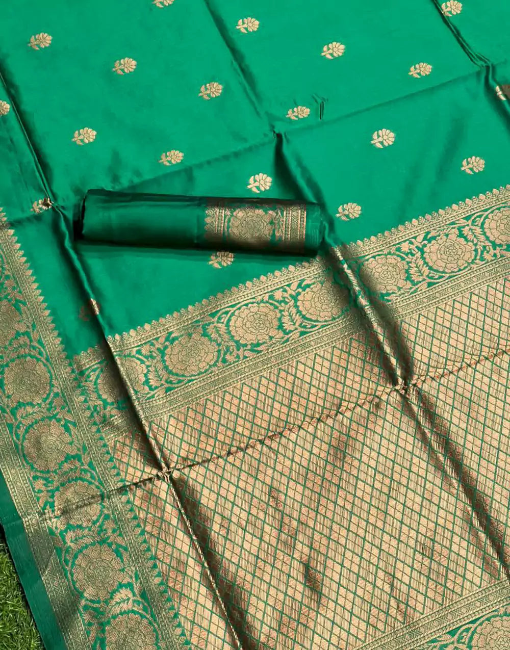 Dark Green Banarasi Soft Silk Copper Zari Weaving Work