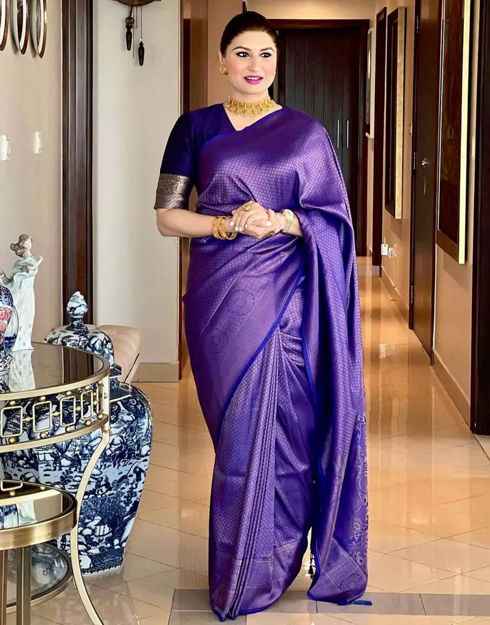 Stunning Violet Colour Saree With Heavy Brocade Blouse