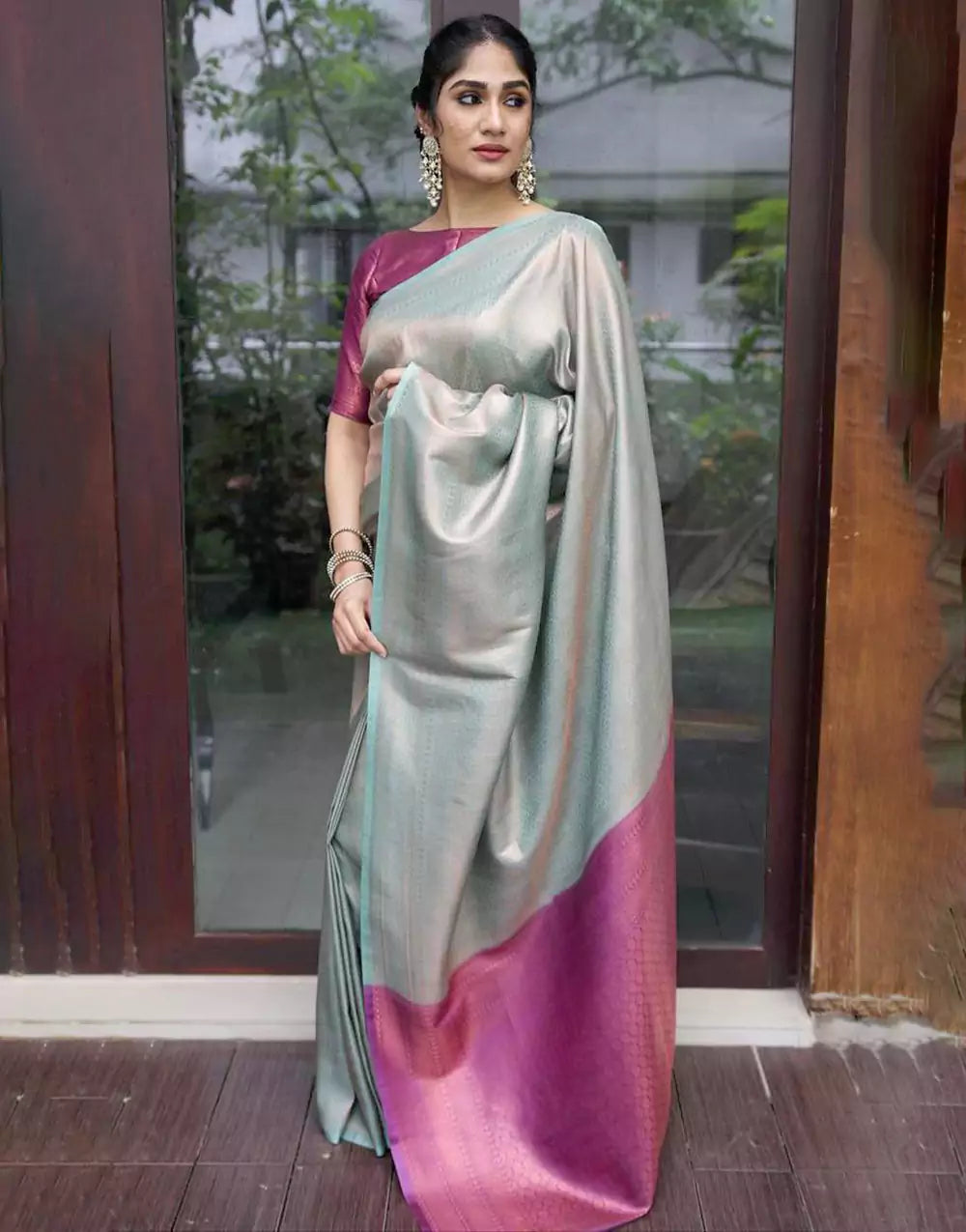 Baby Blue Silk Saree With Heavy Magenta Blouse