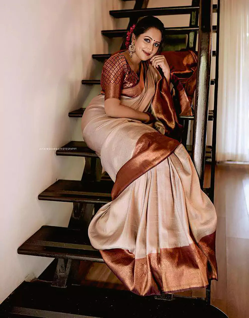 Cream Zari Weaving Saree With Heavy Brocade Blouse