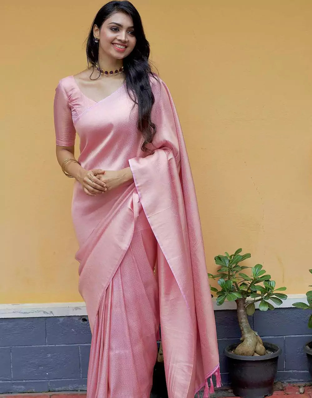 Baby Pink Zari Weaving Saree With Heavy Brocade Blouse
