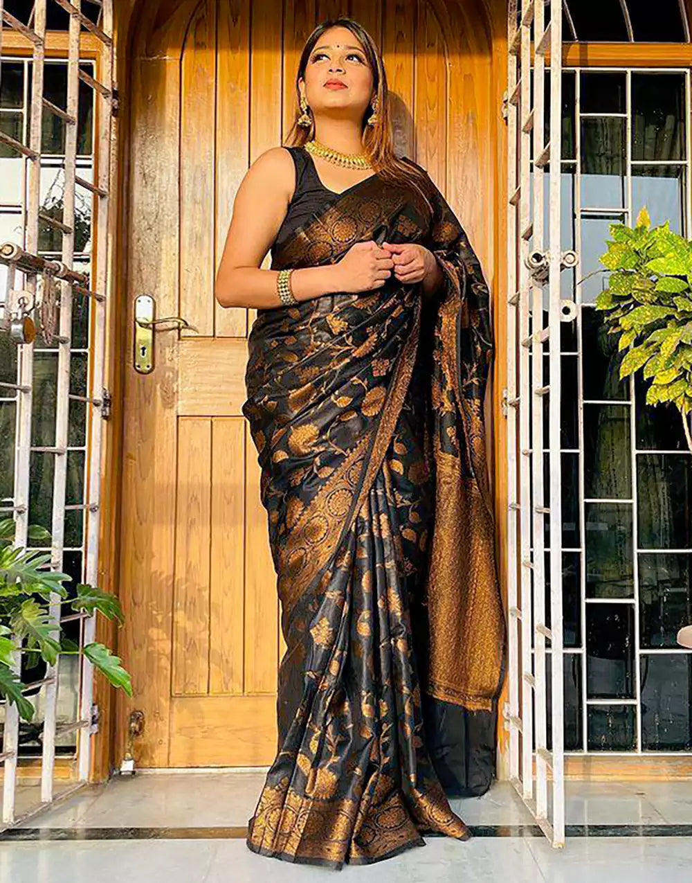Attractive Black Colour Saree With Heavy Brocade Blouse