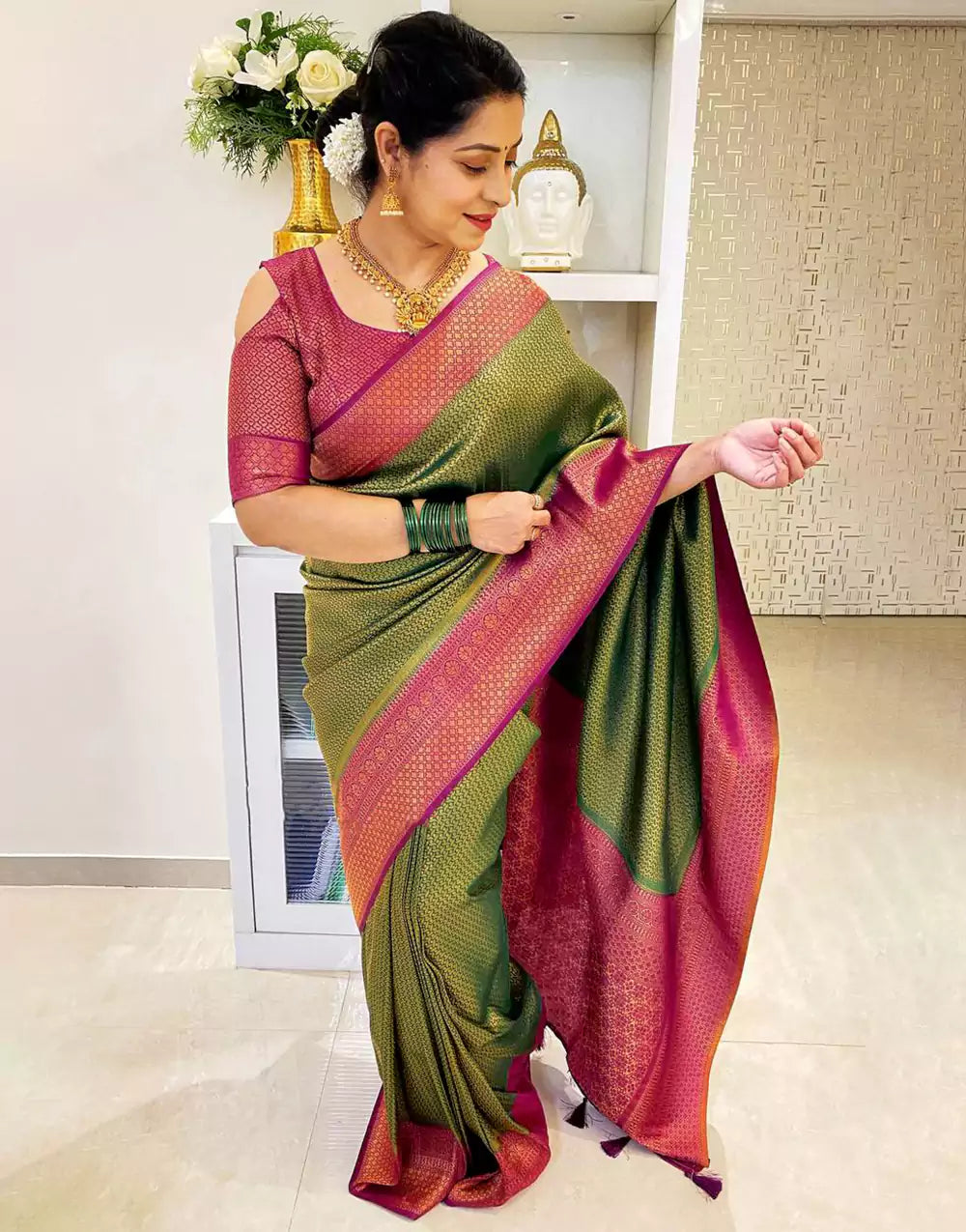 Green Colour Banarasi Soft Silk Saree With Pink Blouse